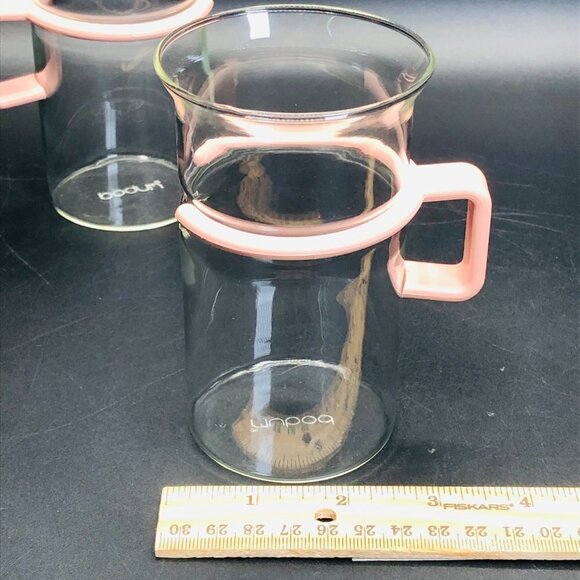 BODUM Coffee Cup PAIR Vintage French Bistro Clear Glass Mugs 70s Pink Handles - Picture 11 of 12